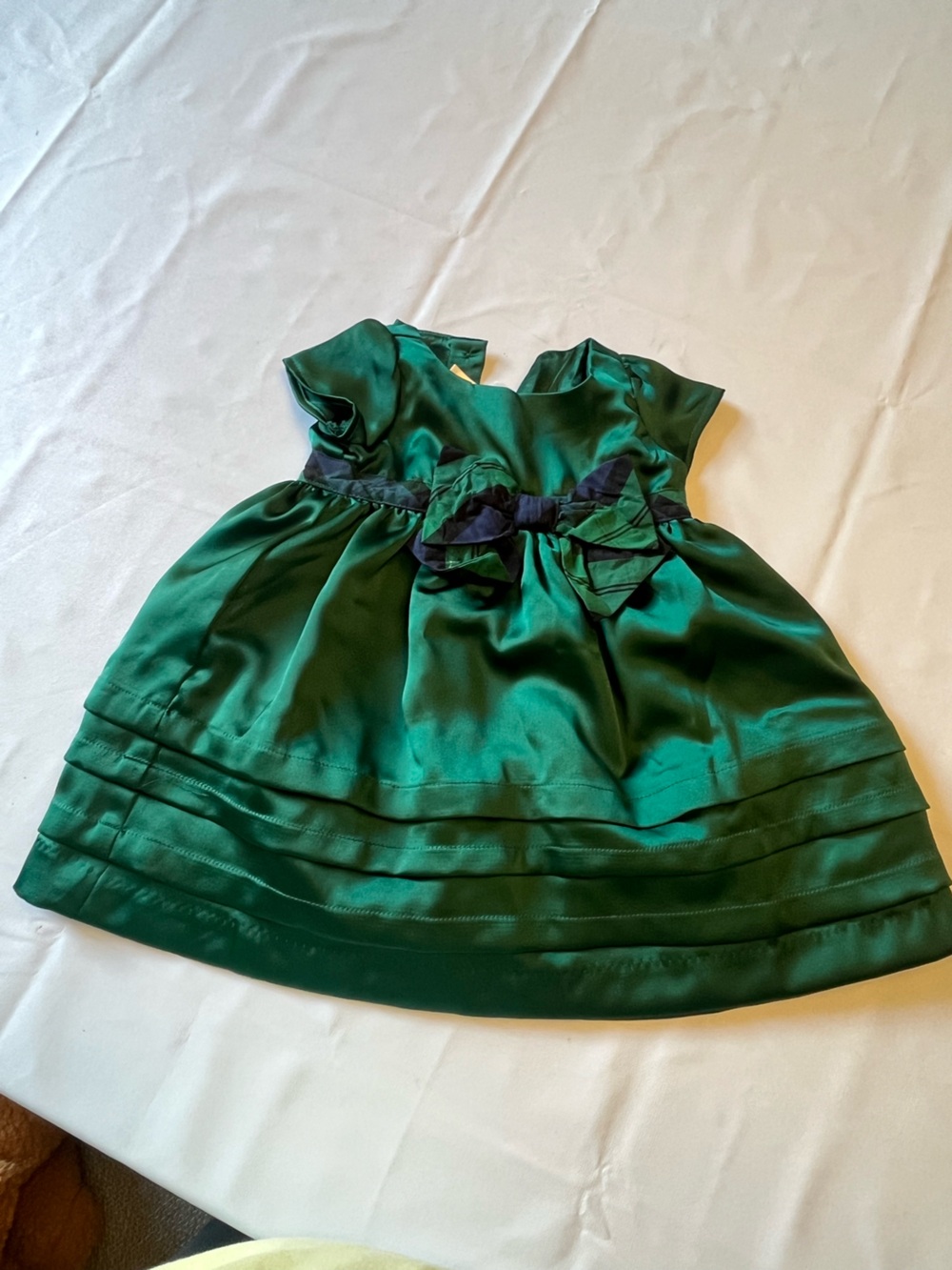 Gymboree Emerald Green Satin Holiday Dress with Navy Bow Accents